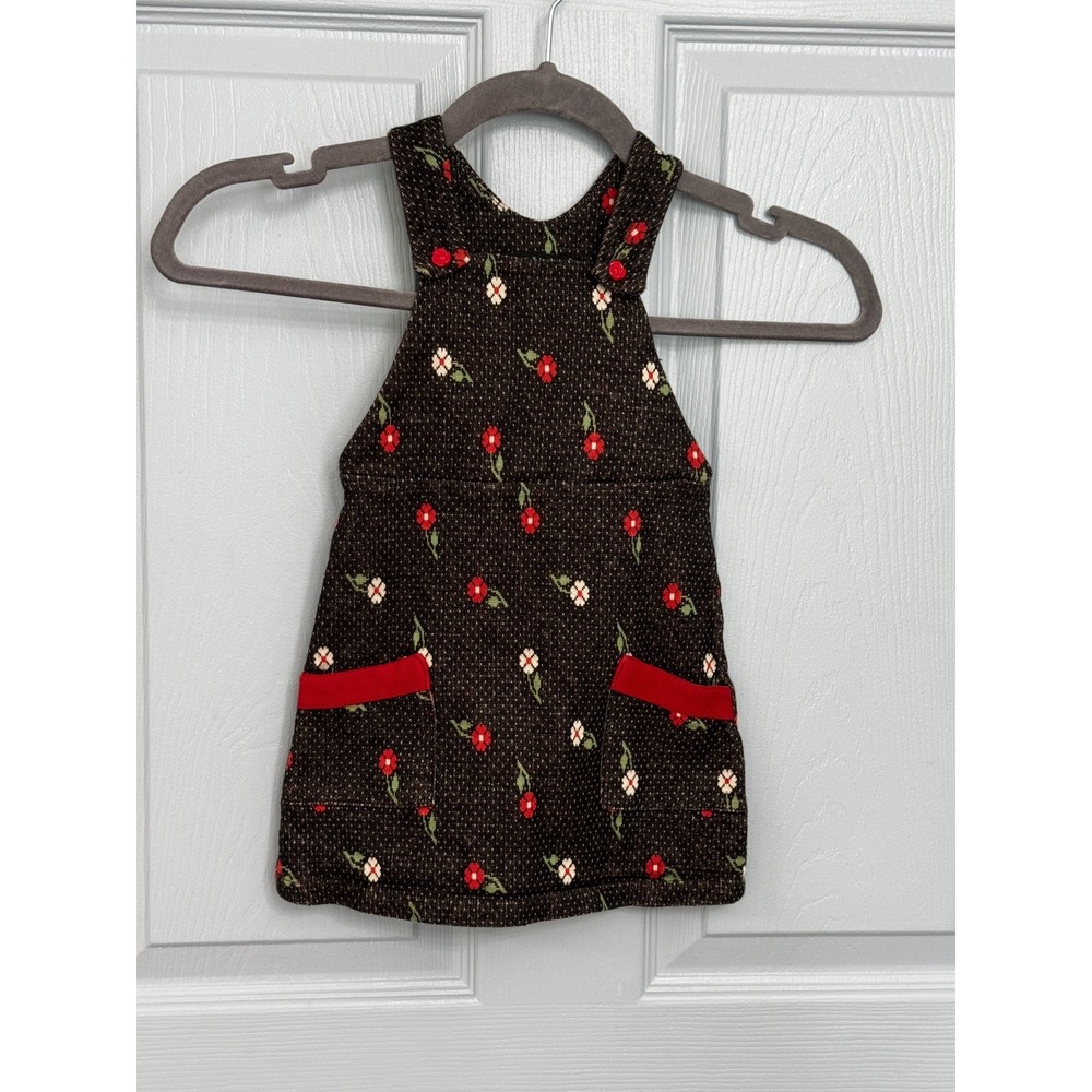 Vintage Girls Petit Louie Floral Pinafore‎ Dress 2-4 Black Red Jumper